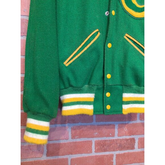 Vintage Hutchers Mens Letterman Jacket Sz M Green Yellow Wool Blend Band C Patch - Picture 3 of 13